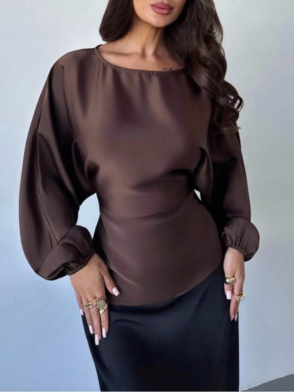 Brown Satin Long-Sleeve Women's Blouse- tie detail in the back
